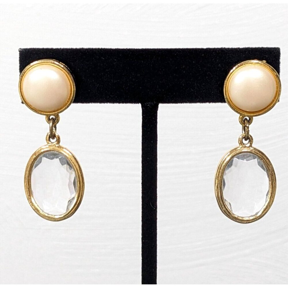 Vintage Gold Tone Faceted Oval Acrylic Bezel Faux Pearl Drop Pierced Earrings